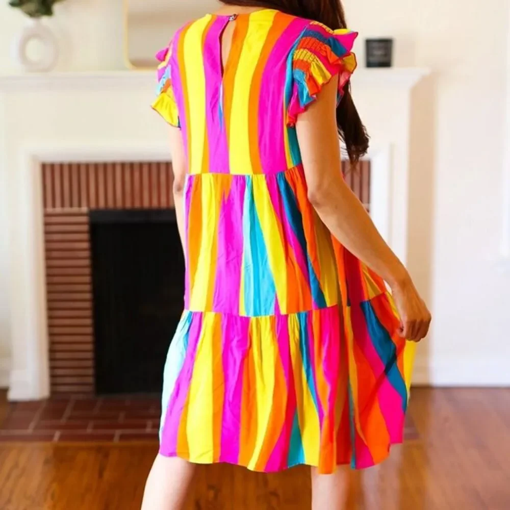 Multicolor Abstract Print Smocked Ruffle Sleeve Dress - Picture 3 of 3